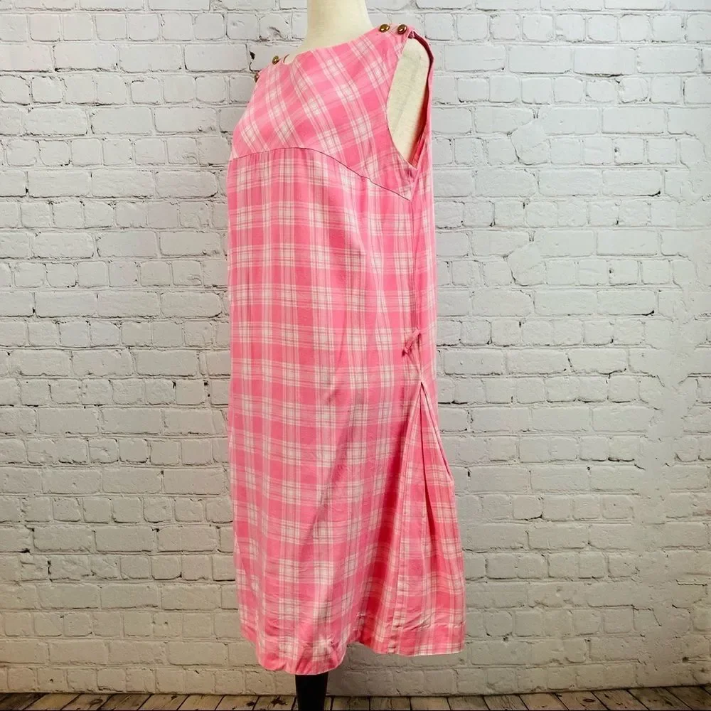 Vintage Pink Plaid Midi Dress Crew neck Sleeveless contour empire waist - Picture 5 of 11